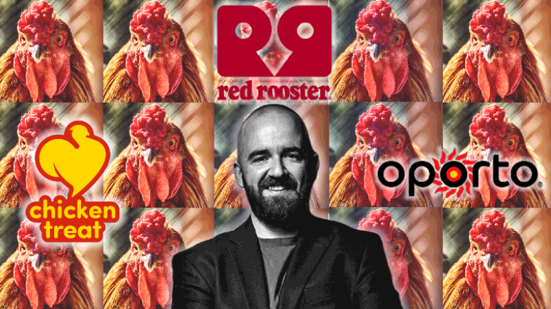 Rory Heffernan in front of collage of chicken heads